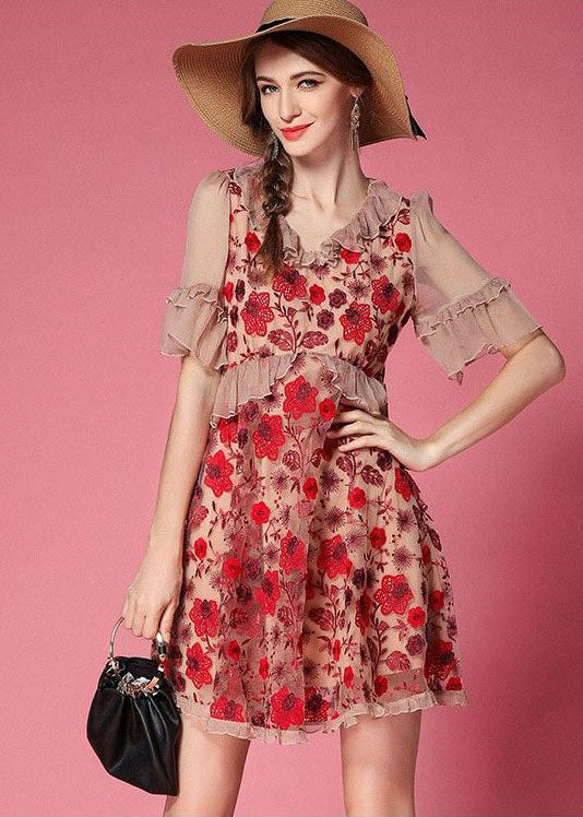 Red Embroideried Patchwork Tulle Vacation Dress Short Sleeve