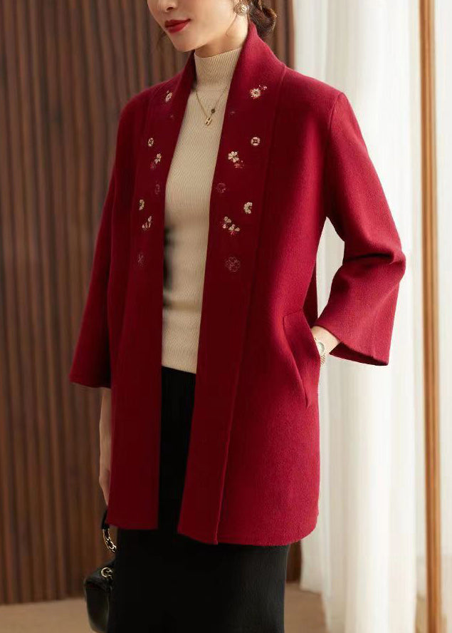 Red Embroideried Pockets Patchwork Knit Cardigans Fall