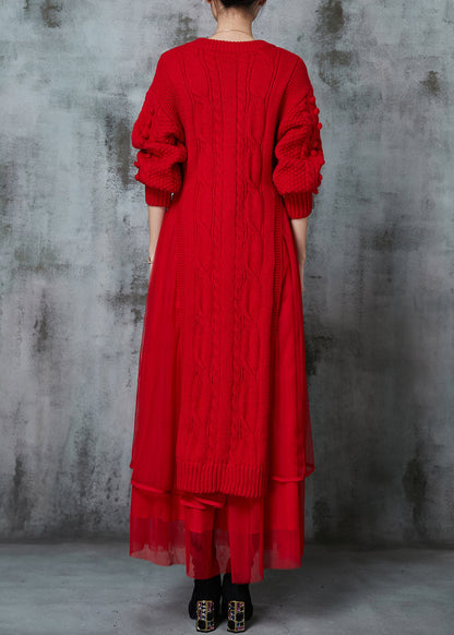 Red Fuzzy Ball Decorated Knit Dress Two Piece Suit Set Spring