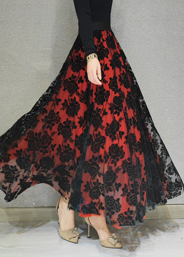 Red High Waist Tulle a Line Skirt Spring