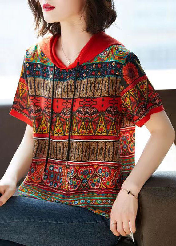 Red Hooded Print Patchwork Chiffon T Shirts Tops Summer