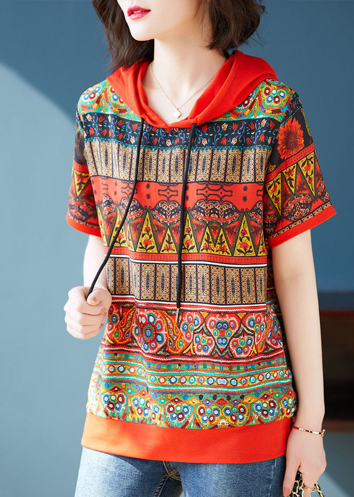 Red Hooded Print Patchwork Chiffon T Shirts Tops Summer