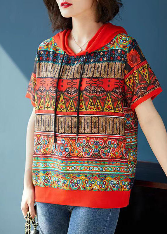 Red Hooded Print Patchwork Chiffon T Shirts Tops Summer