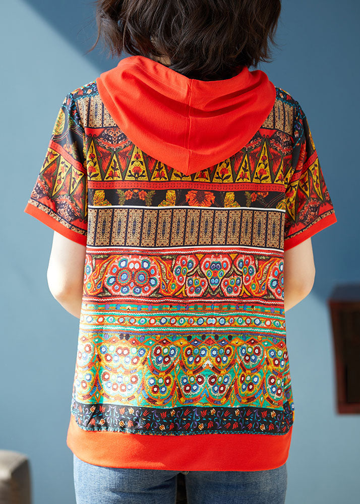 Red Hooded Print Patchwork Chiffon T Shirts Tops Summer