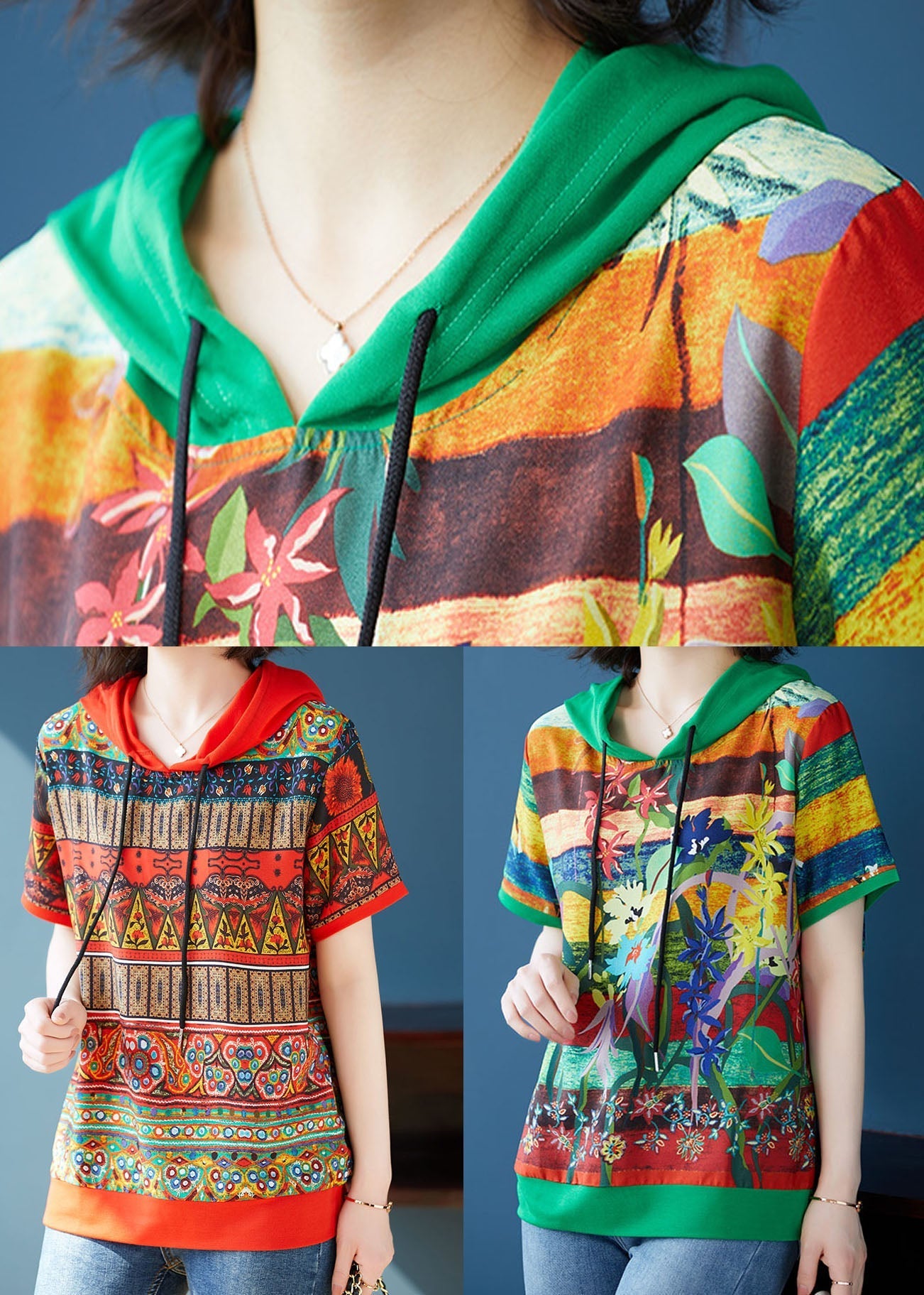 Red Hooded Print Patchwork Chiffon T Shirts Tops Summer