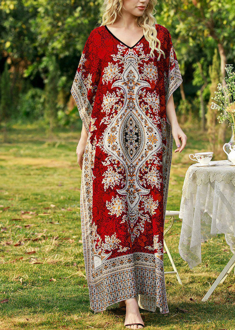 Red Maxi Dress V Neck Print Summer
