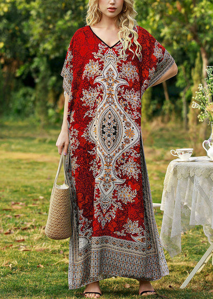 Red Maxi Dress V Neck Print Summer