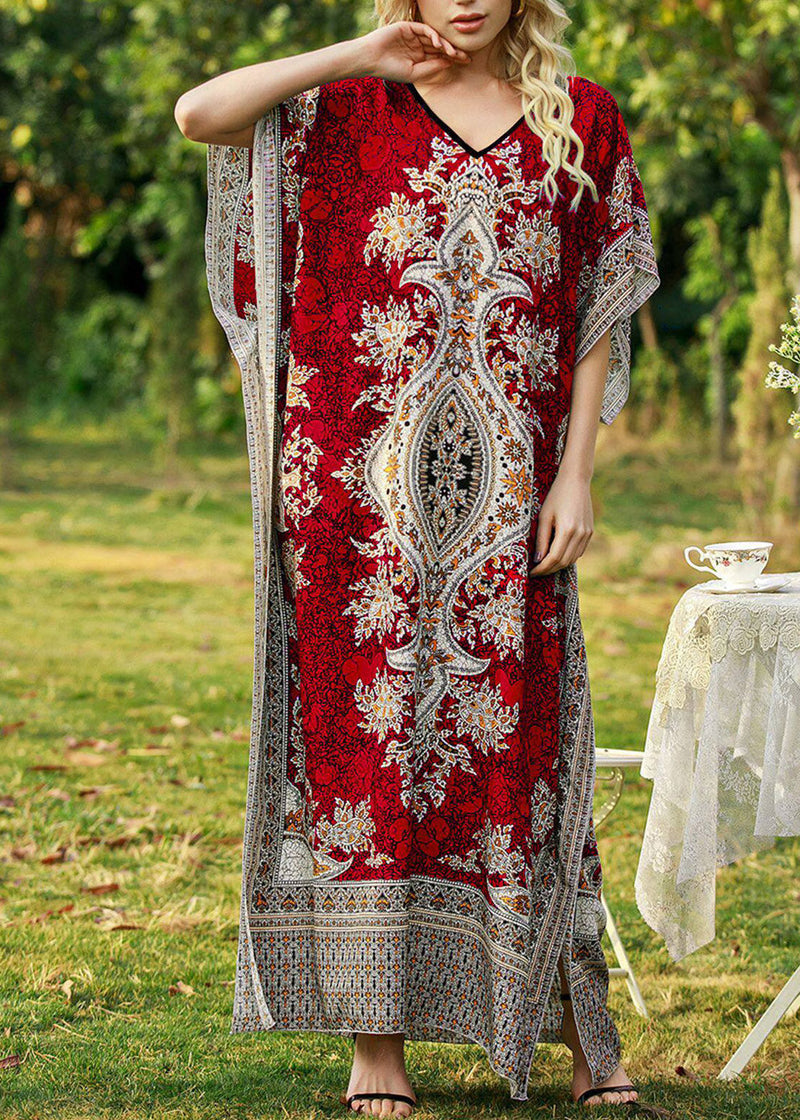 Red Maxi Dress V Neck Print Summer