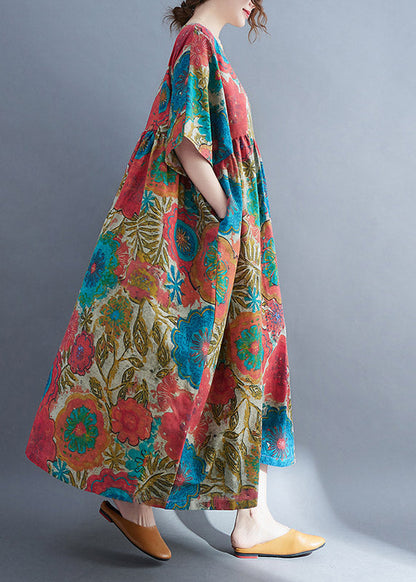 Red O-neck Cinched Print Linen Long Dress Short Sleeve