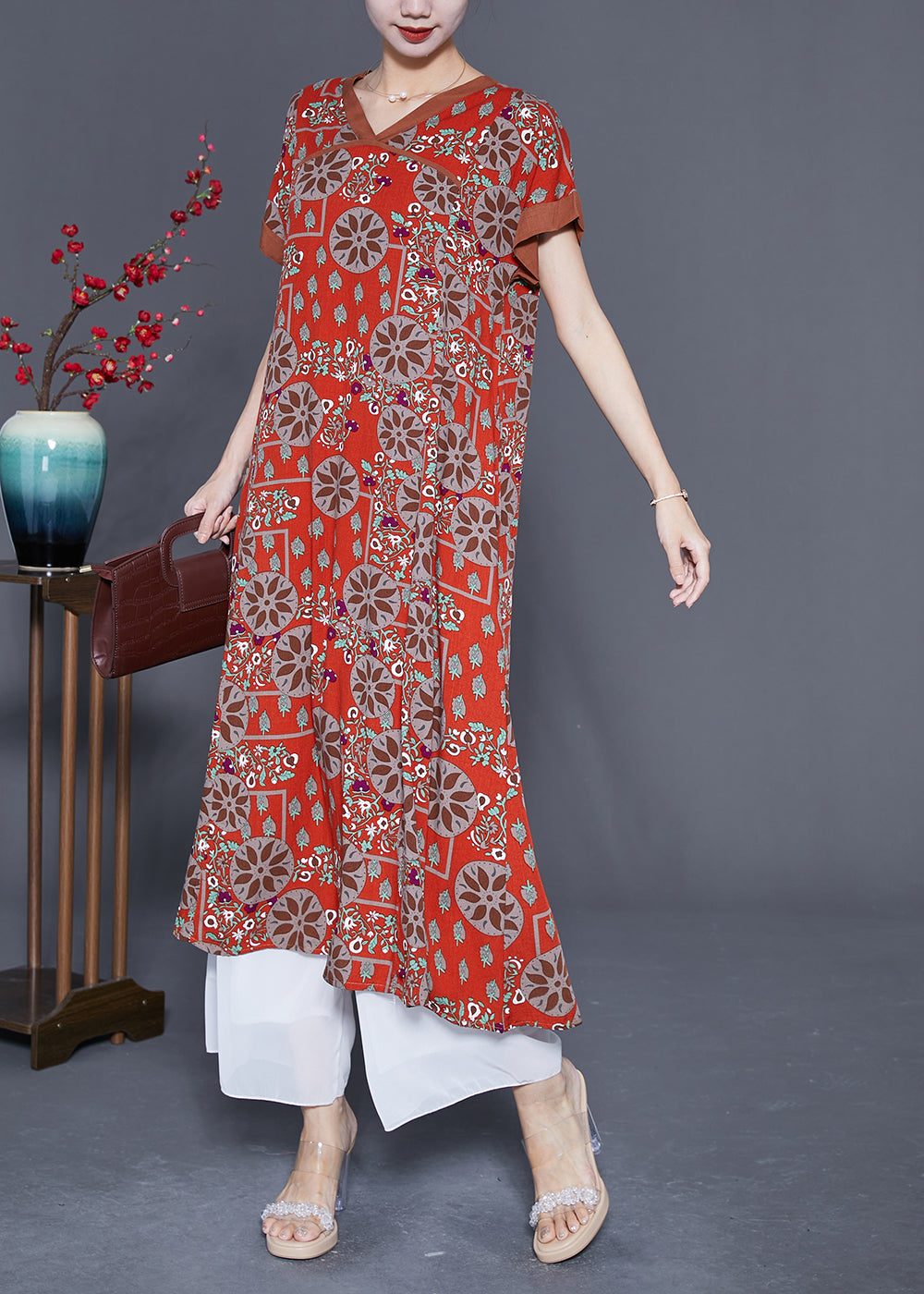 Red O-neck Print Cotton Long Dress Summer