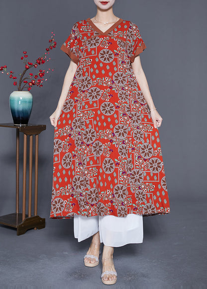 Red O-neck Print Cotton Long Dress Summer