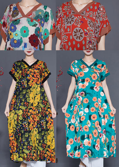 Red O-neck Print Cotton Long Dress Summer