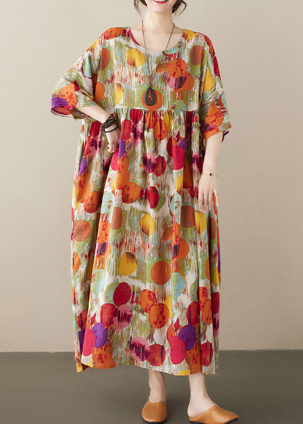 Red O-neck Print Cozy Long Dress Summer