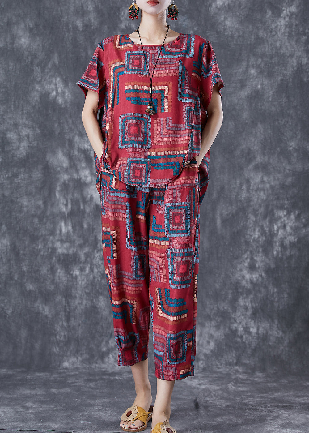 Red O-neck Print Linen Silk Two Piece Set Summer