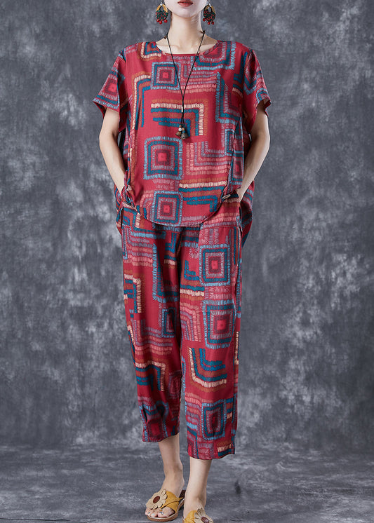 Red O-neck Print Linen Silk Two Piece Set Summer