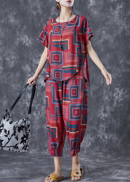 Red O-neck Print Linen Silk Two Piece Set Summer