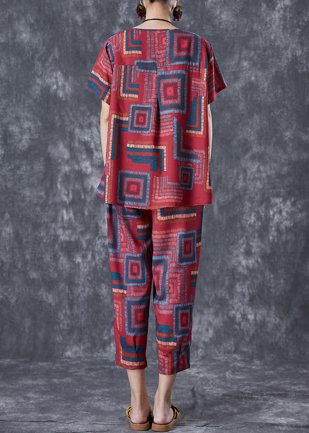 Red O-neck Print Linen Silk Two Piece Set Summer