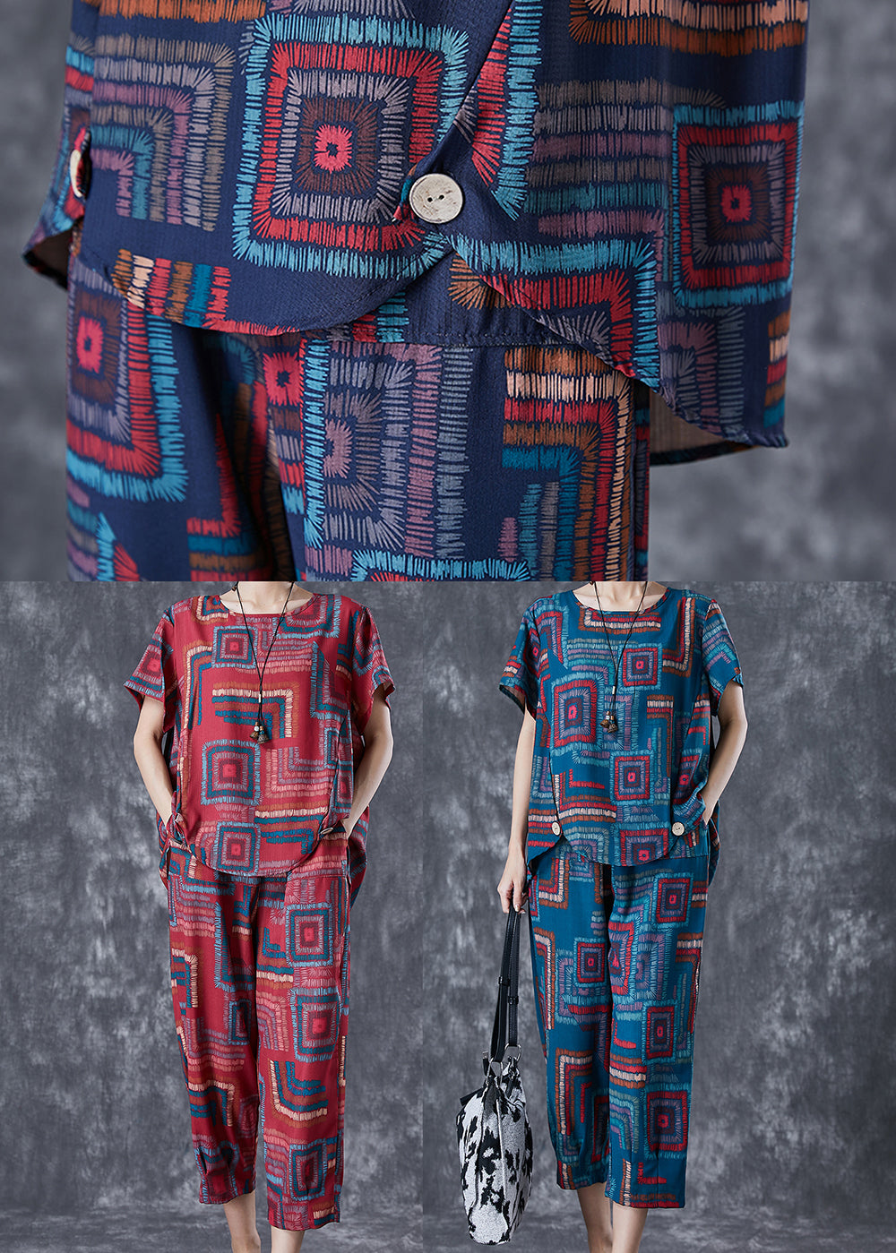 Red O-neck Print Linen Silk Two Piece Set Summer