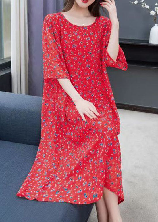 Red O Neck Print Patchwork Chiffon Dress Summer