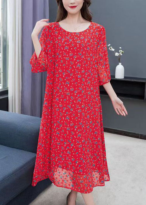 Red O Neck Print Patchwork Chiffon Dress Summer