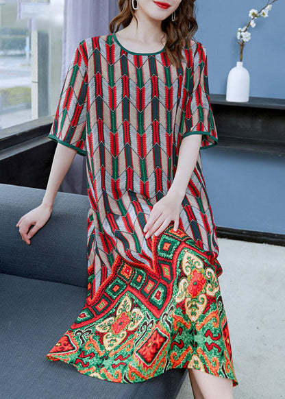 Red O Neck Print Patchwork Chiffon Dresses Summer