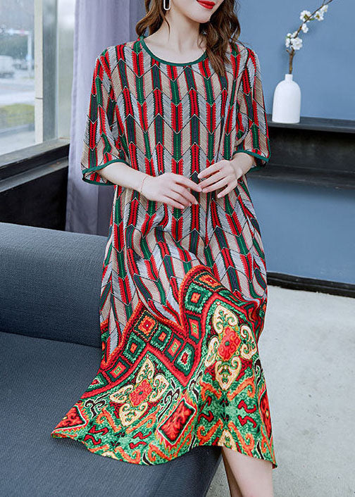 Red O Neck Print Patchwork Chiffon Dresses Summer
