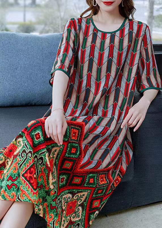 Red O Neck Print Patchwork Chiffon Dresses Summer