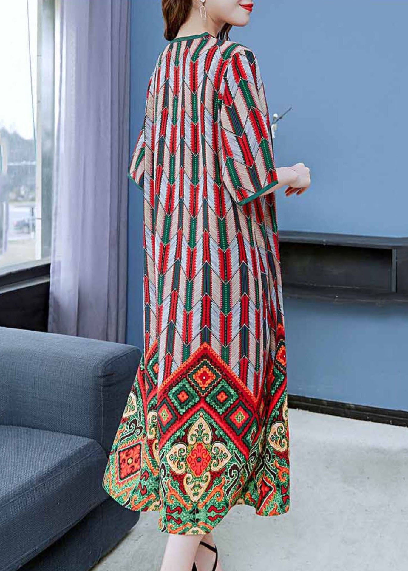 Red O Neck Print Patchwork Chiffon Dresses Summer