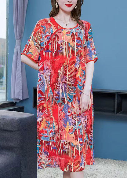 Red O Neck Print Patchwork Silk Mid Dress Summer