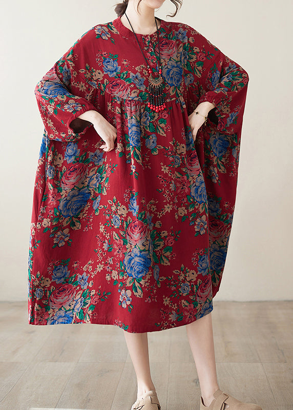 Red O Neck Print Wrinkled Cotton Dress Summer