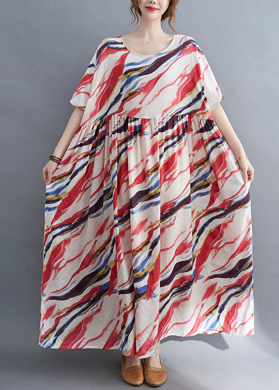 Red O-neck Print Wrinkled Long Dress Short Sleeve