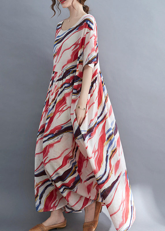 Red O-neck Print Wrinkled Long Dress Short Sleeve