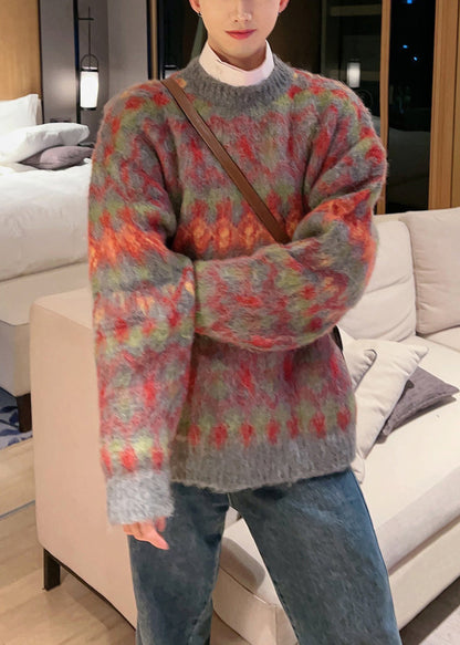 Red O-neck Thick Cotton Knit Sweater Fall