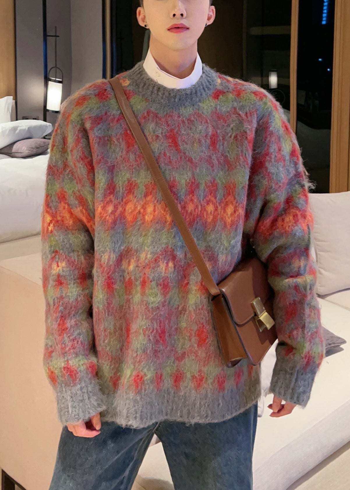 Red O-neck Thick Cotton Knit Sweater Fall