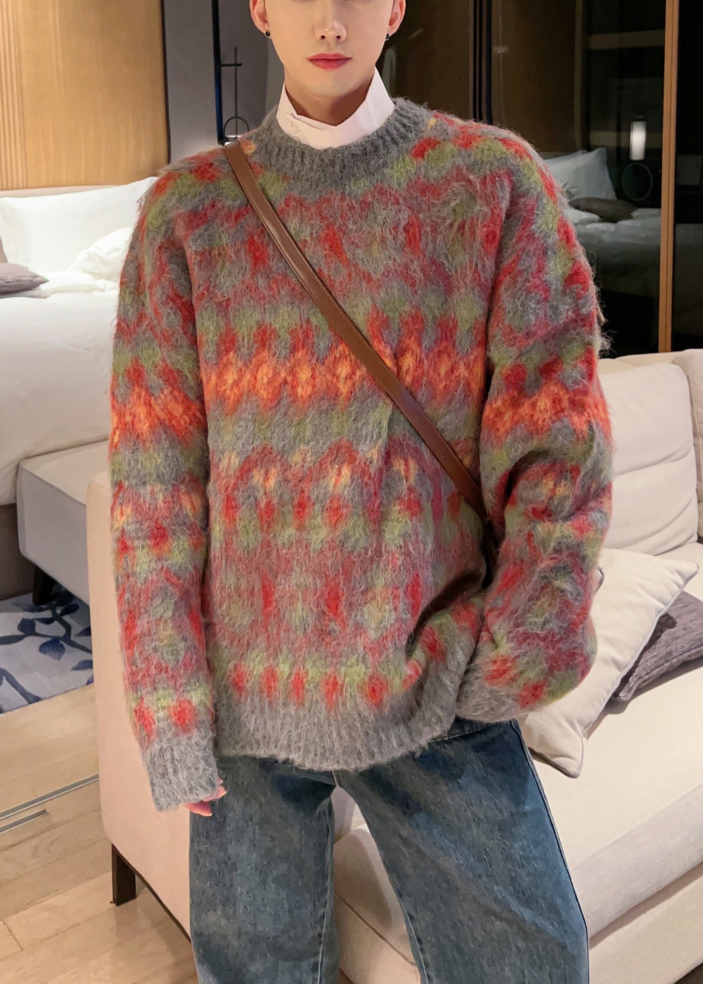 Red O-neck Thick Cotton Knit Sweater Fall