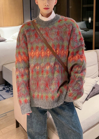 Red O-neck Thick Cotton Knit Sweater Fall