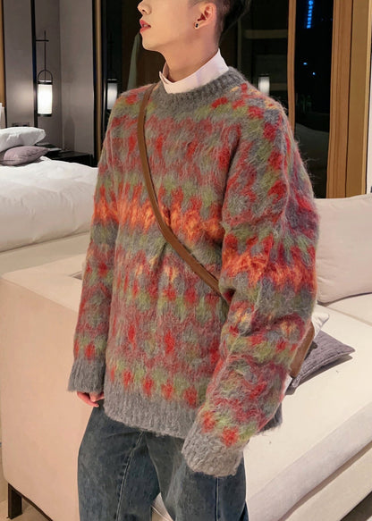 Red O-neck Thick Cotton Knit Sweater Fall