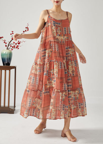 Red Oversized Patchwork Exra Large Hem Cotton Spaghetti Strap Dress Summer