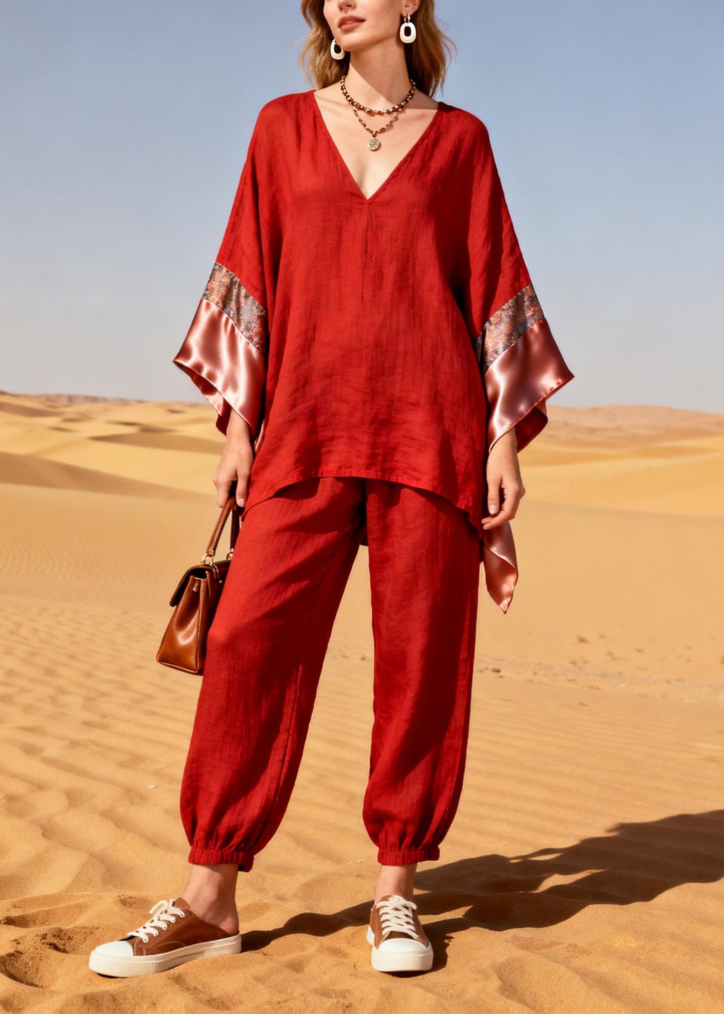 Red Oversized Patchwork Linen Silk Two Piece Suit Set Spring