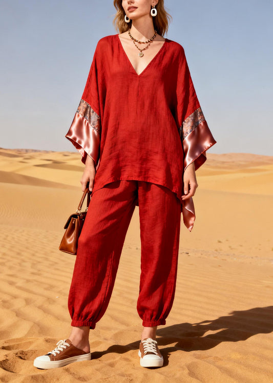 Red Oversized Patchwork Linen Silk Two Piece Suit Set Spring