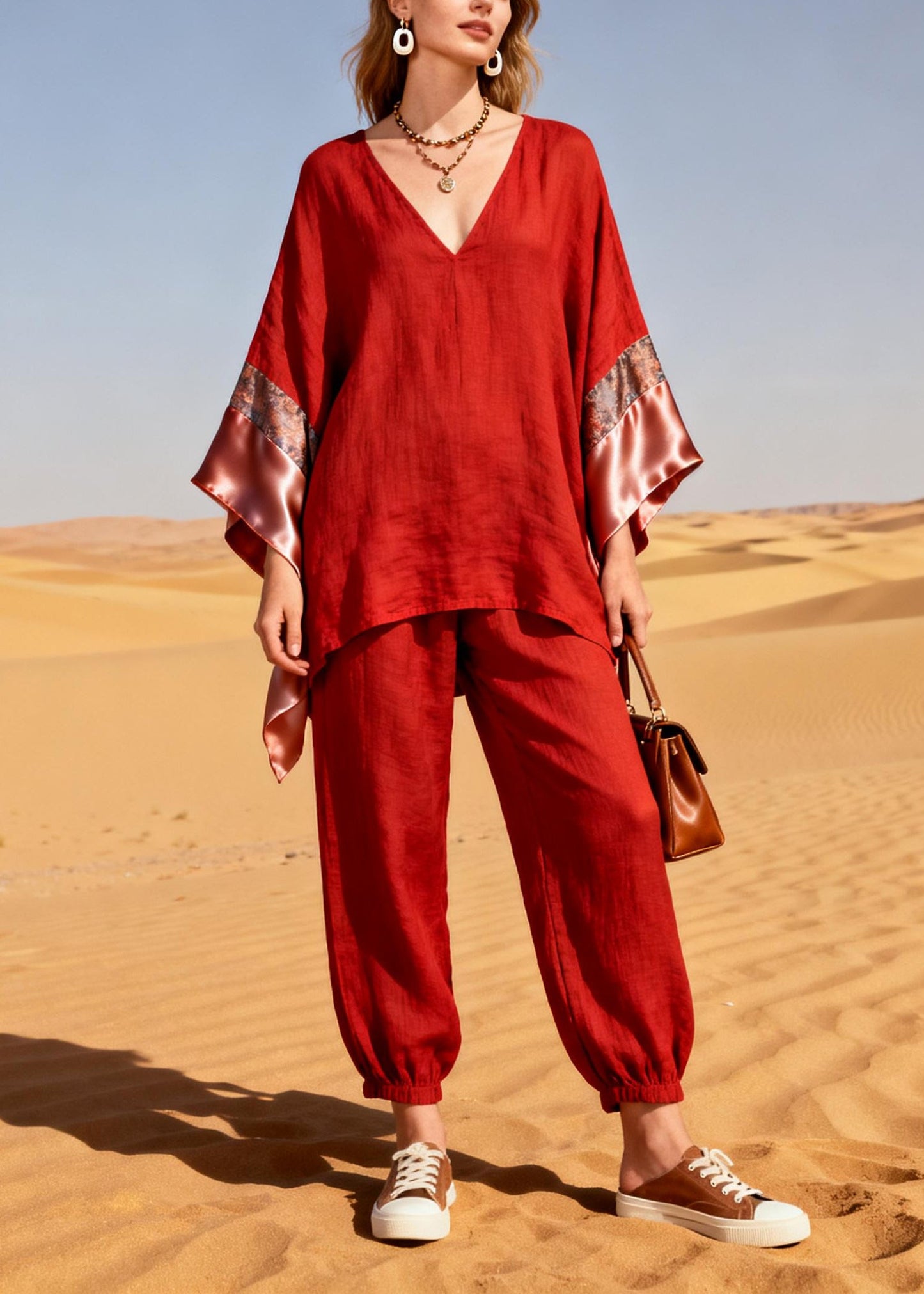 Red Oversized Patchwork Linen Silk Two Piece Suit Set Spring