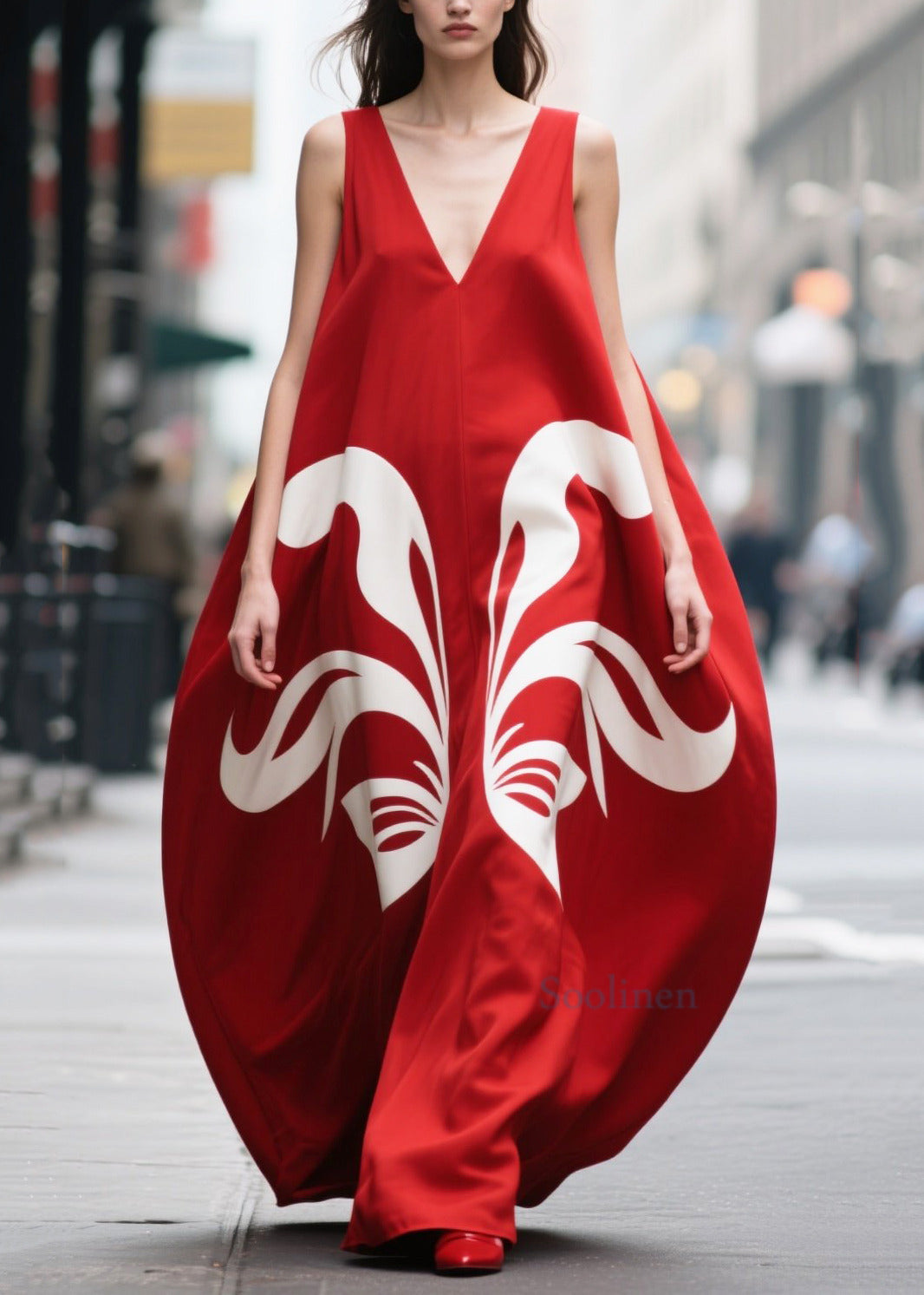 Red Oversized Print Chiffon Party Dress Summer