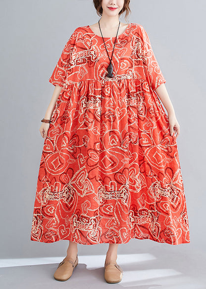 Red Oversized Print Exra Large Hem Cotton Dresses Summer