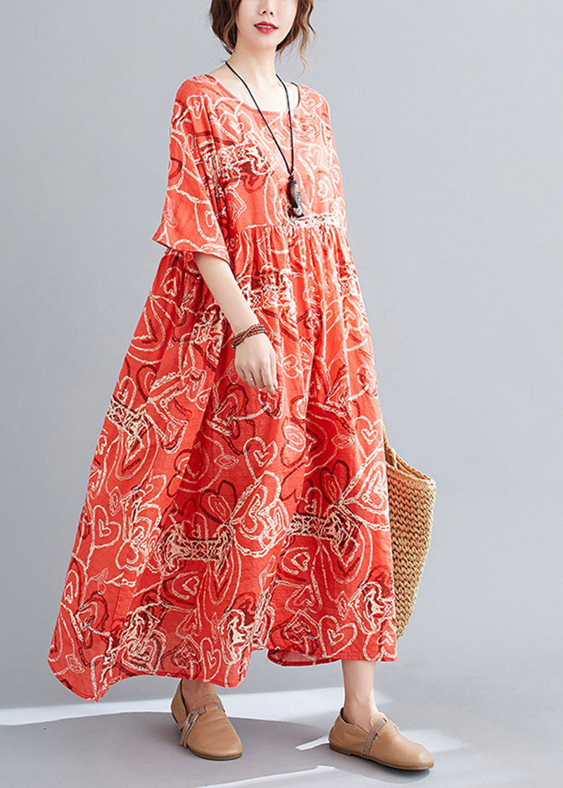 Red Oversized Print Exra Large Hem Cotton Dresses Summer
