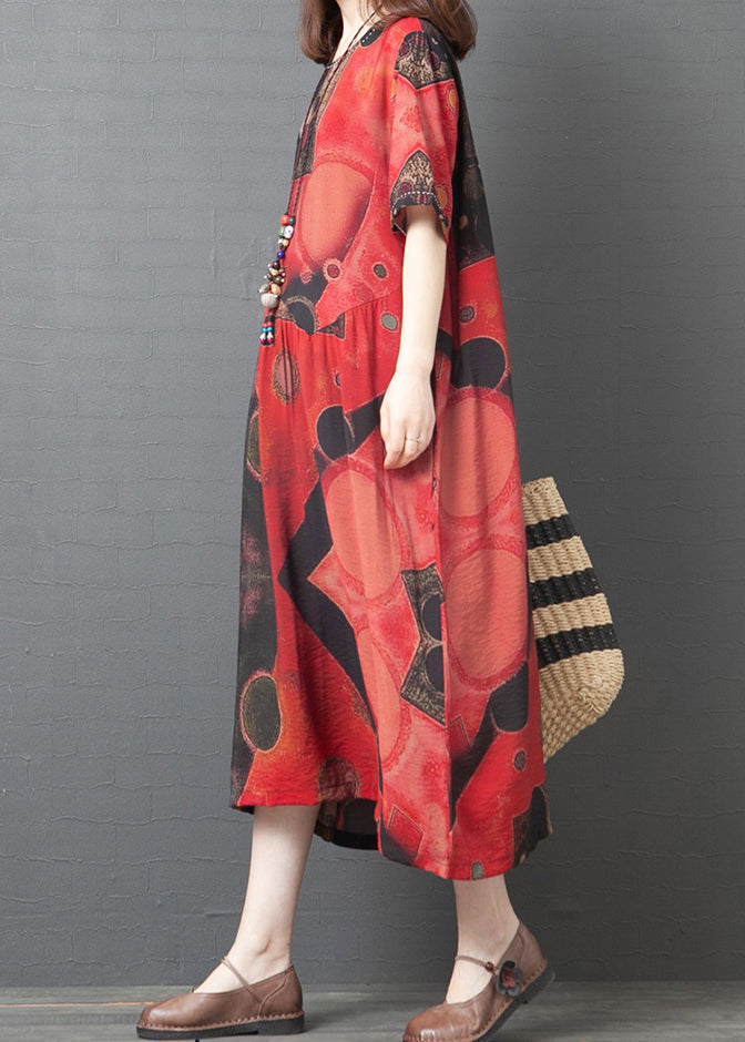 Red Oversized Print Linen Dress Summer