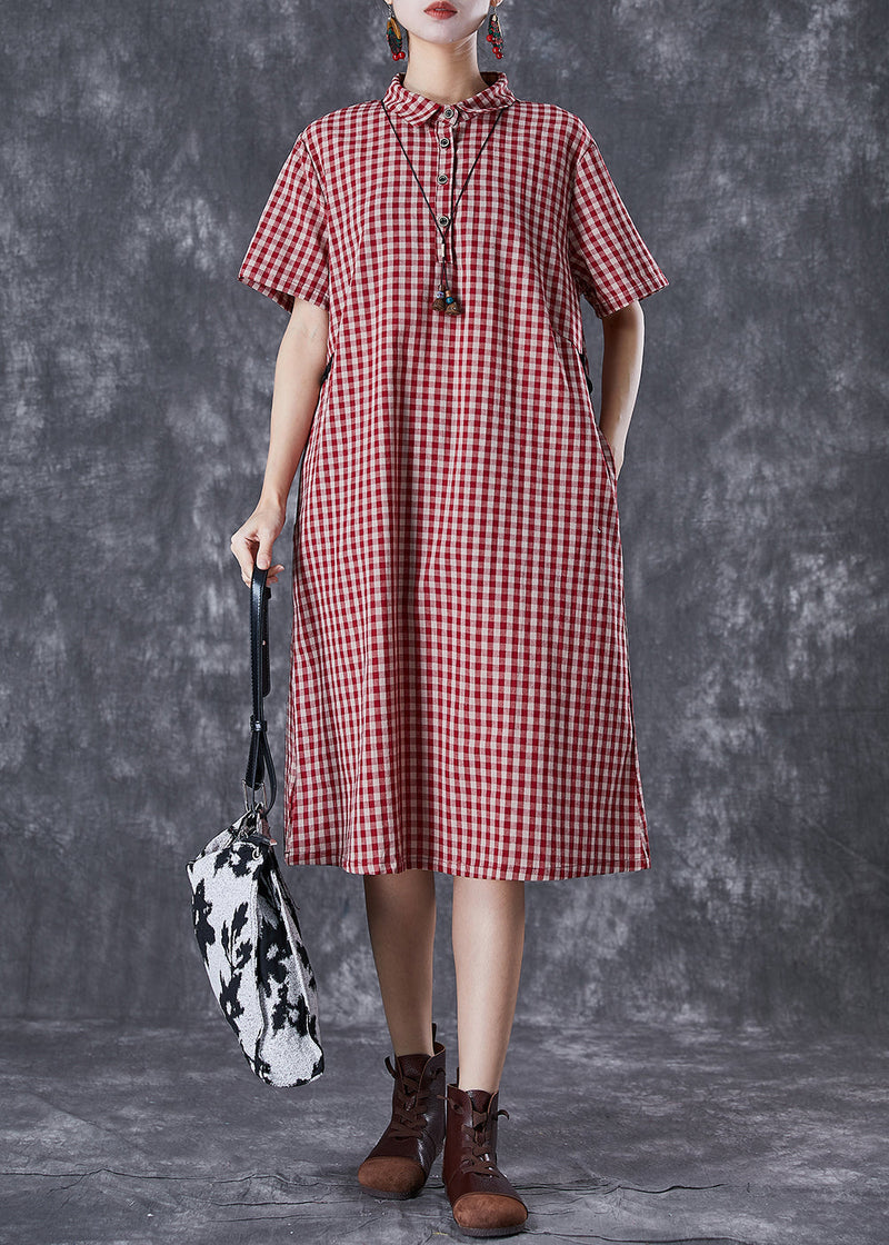 Red Peter Pan Collar Plaid Linen Maxi Dress Summer
