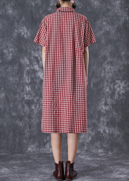 Red Peter Pan Collar Plaid Linen Maxi Dress Summer