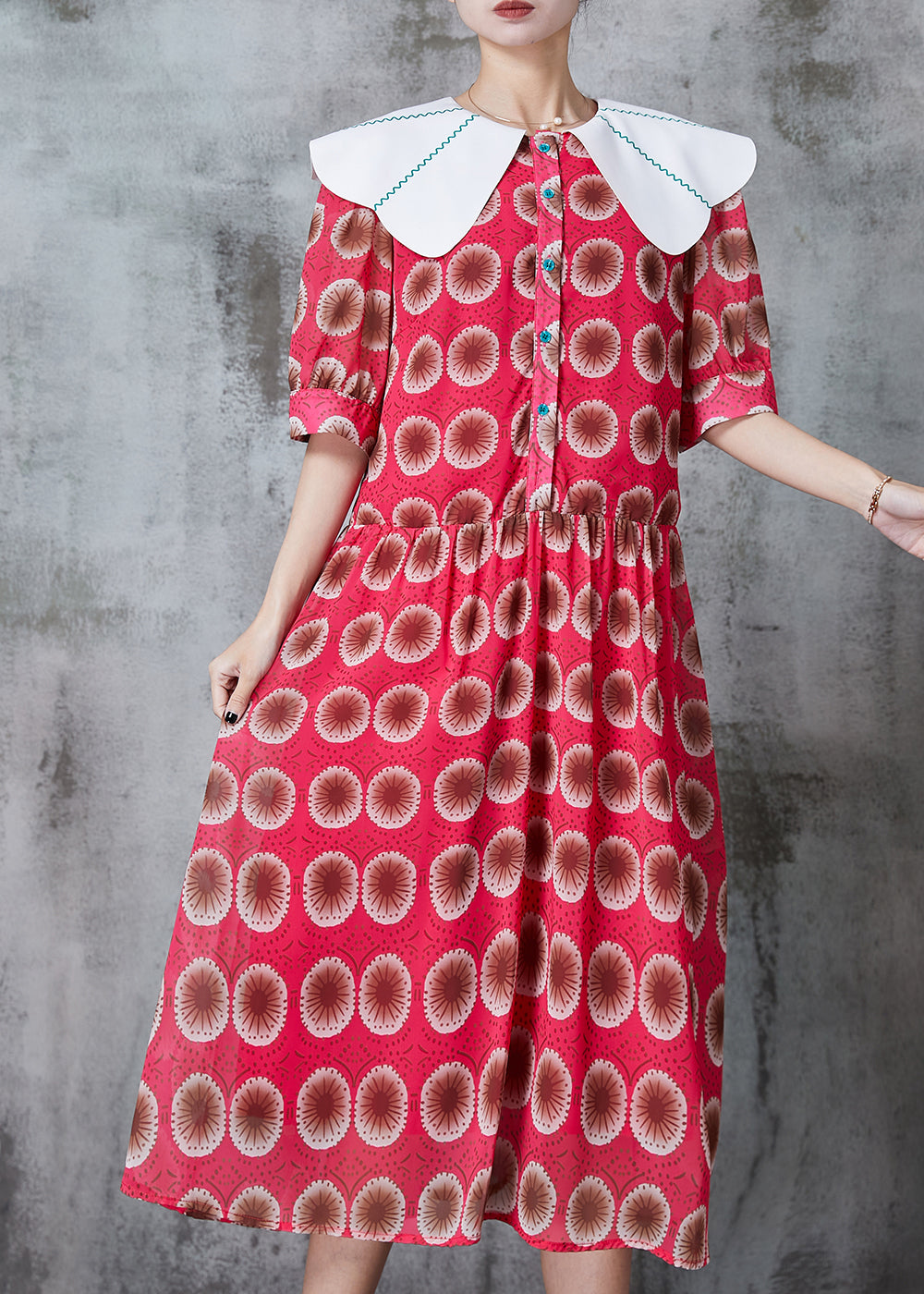 Red Peter Pan Collar Print Chiffon Dress Summer