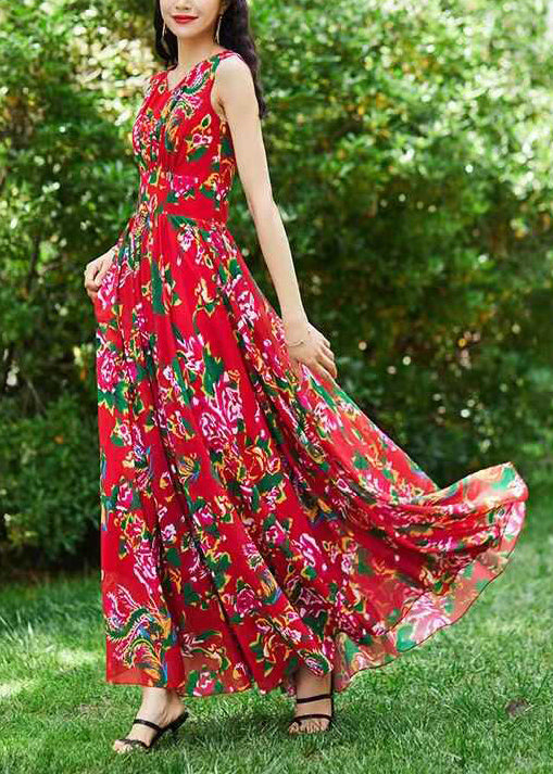Red Print Exra Large Hem Chiffon Dresses Sleeveless