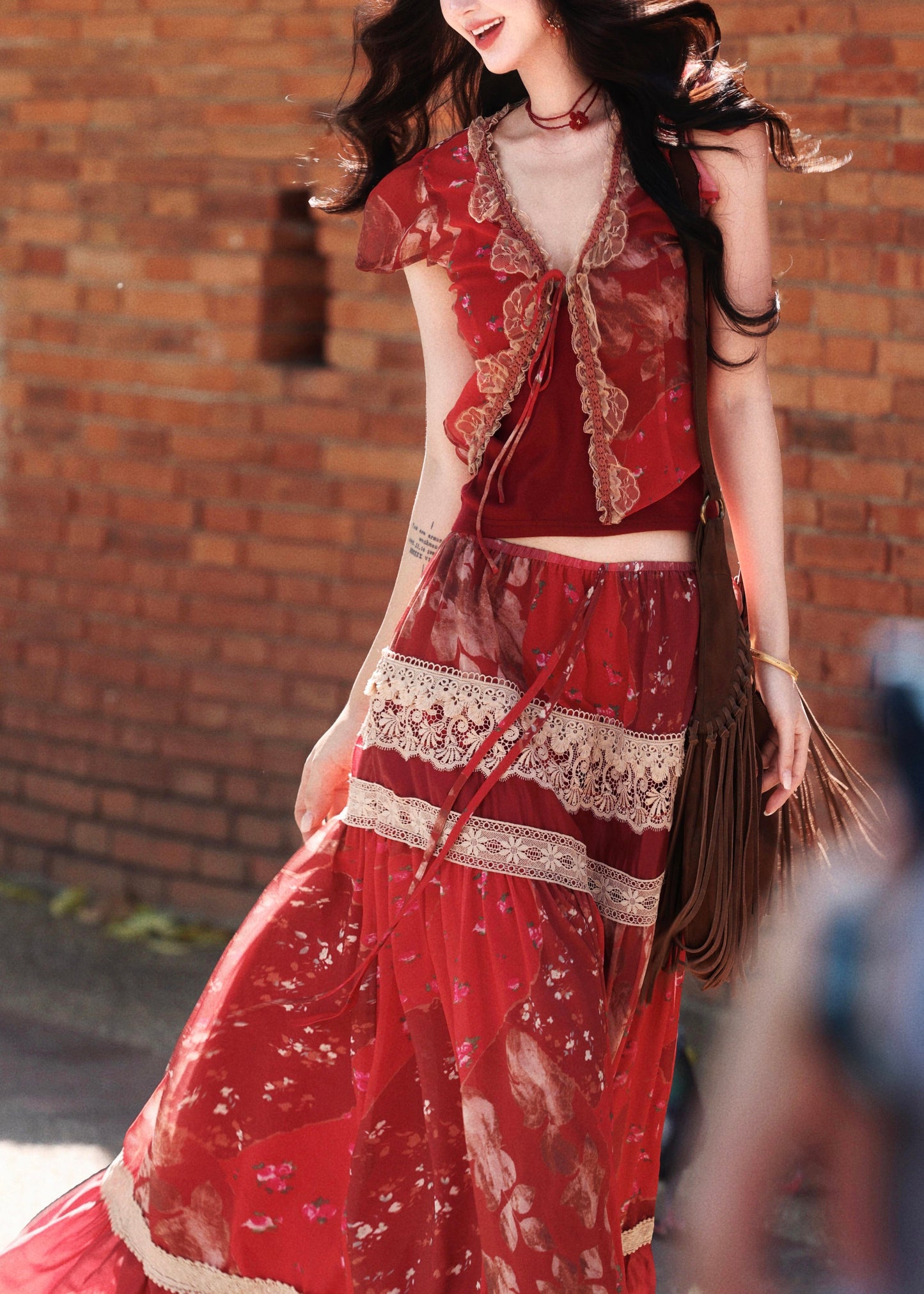 Red Print Lace Patchwork Silk Two Pieces Set Summer